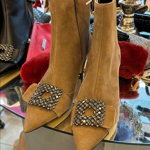 MARIAN Elegant Brown Suede Ankle Boots with Embellished Buckle
